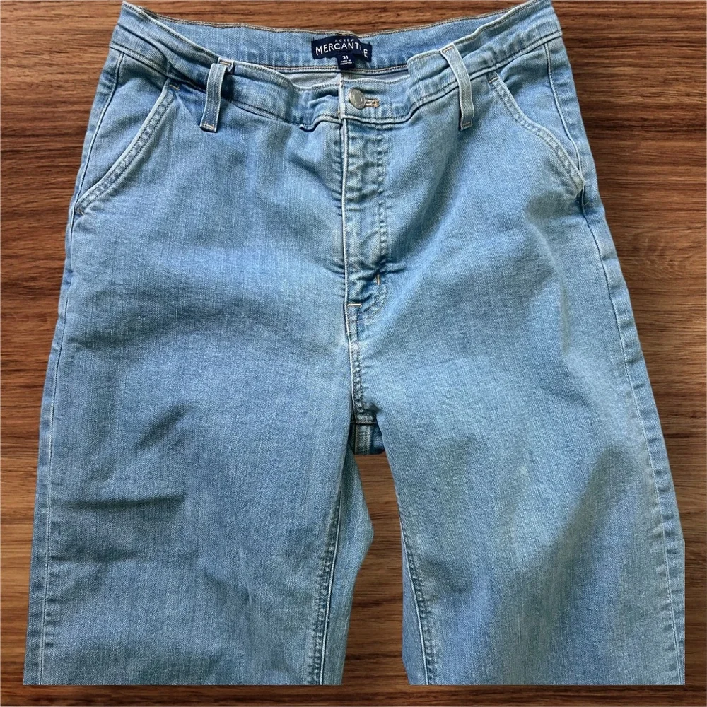 J.Crew Mercantile Size 31 Wide Leg Cropped Jeans Light Blue Denim Pockets Flaw